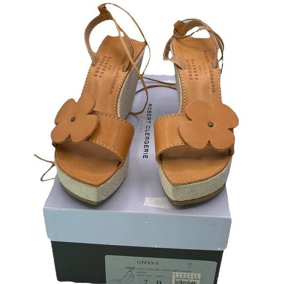 Robert Clergerie Ghana Calfy Tan Wedge Sandals Size 7 Floral Wrap-Around Strap - Picture 1 of 12